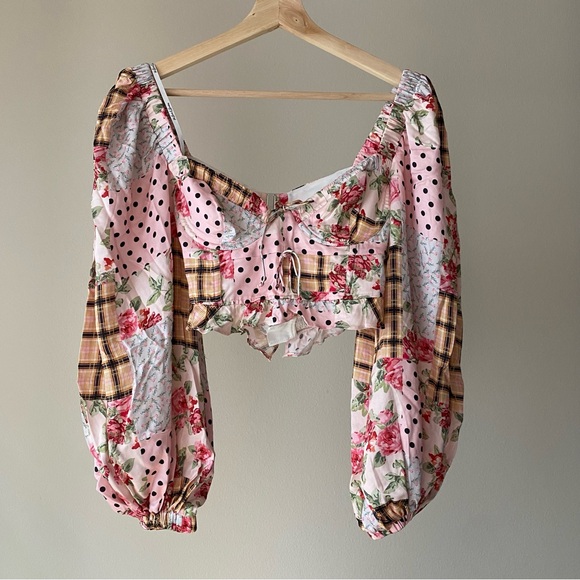 For Love and Lemons Marissa Patchwork Crop Puff Sleeve Shirt Top Size Small S - Picture 3 of 16